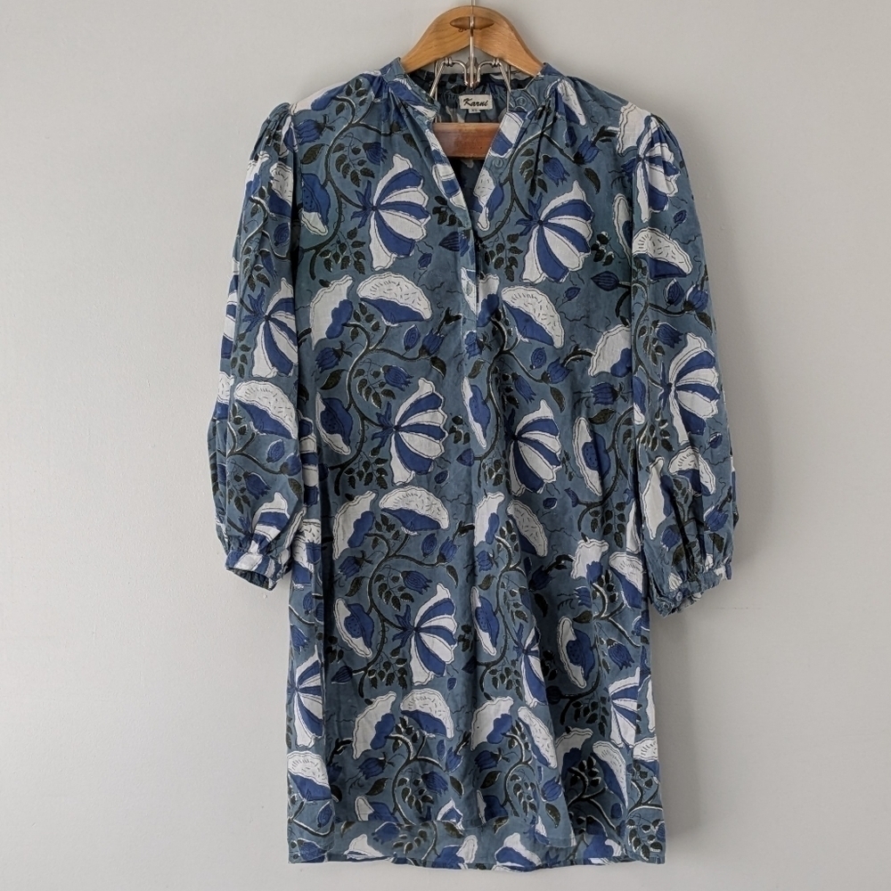 Karni Dress Women's XS Blue Indigo Floral Print Mini Long Sleeve Light Cotton